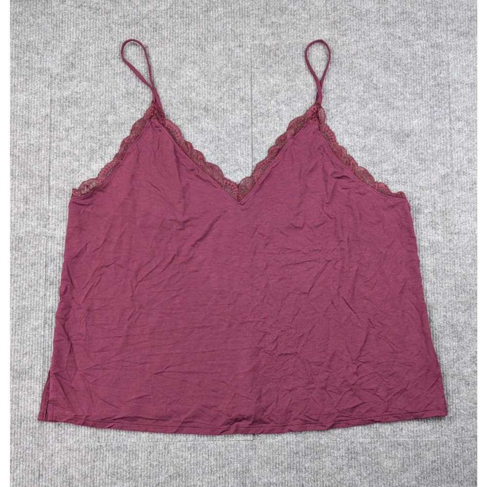 Victorias Secret Tank Top Womens XL Modal Burgundy Lace Trim Y2K Lounge Layering